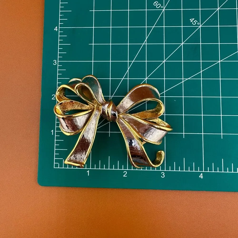 Vintage Bow Brooch Pin Large Gold Silver Tone Statement Ribbon Two Tone 3